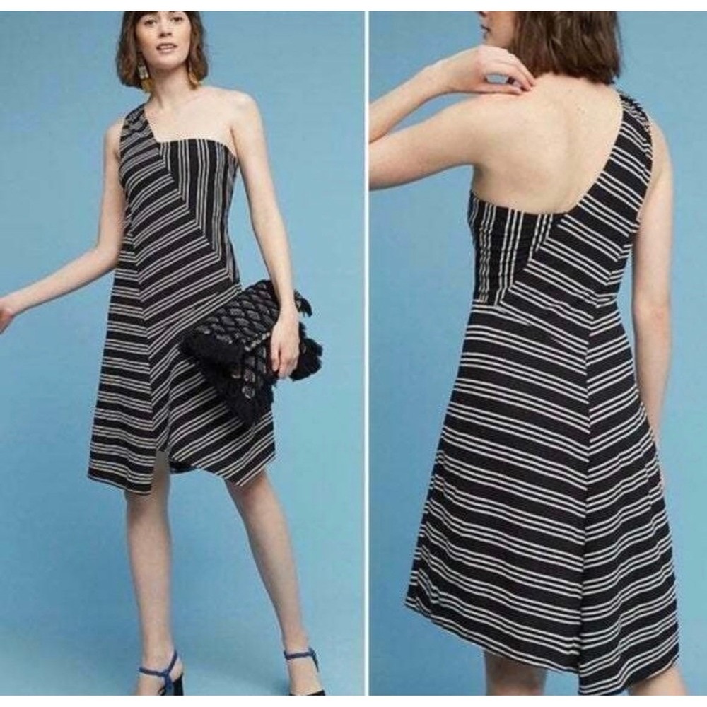 Anthropologie Maeve Moka Striped One Shoulder L Black Jersey Asymmetric Trapeze